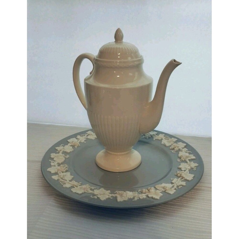 Vintage Wedgwood Queens Ware England-Embossed Blue Platter & Coffee Pot (Read)